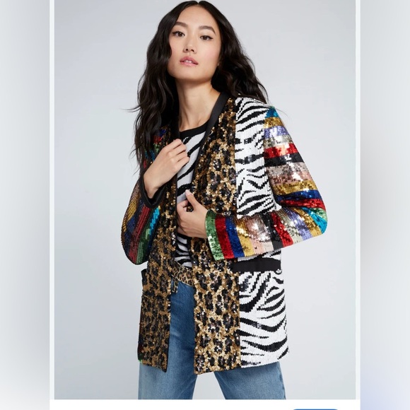 ALICE + OLIVIA Kylie Sequin Shawl Collar Jacket Black Multicolored - Picture 1 of 11